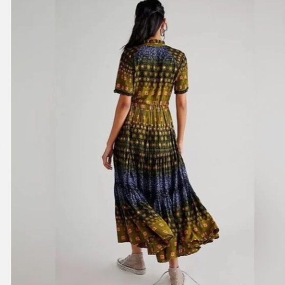 Free People Rare Feelings Olive Green Blue Floral Boho Maxi Dress Nwt XL - Picture 3 of 9